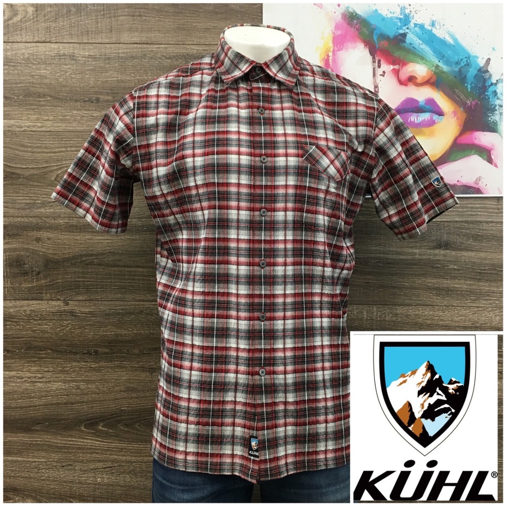 Kuhl Mens Large Textured Plaid Short Sleeve Button Down Shirt Mountain Grown